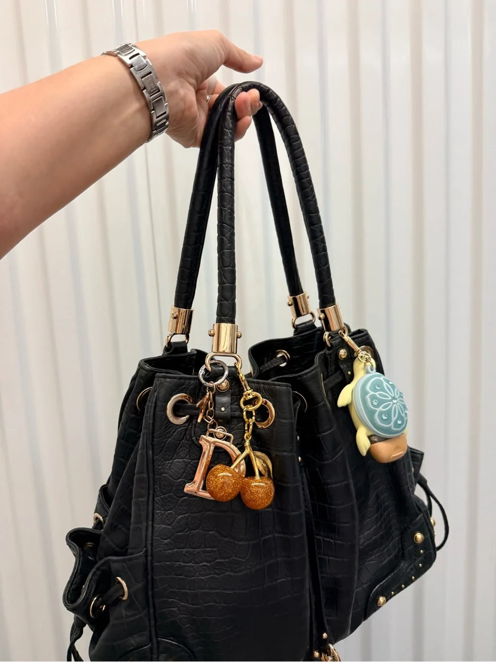 Michael Kors Black Croc-Embossed Drawstring Shoulder Bag with Gold Hardware